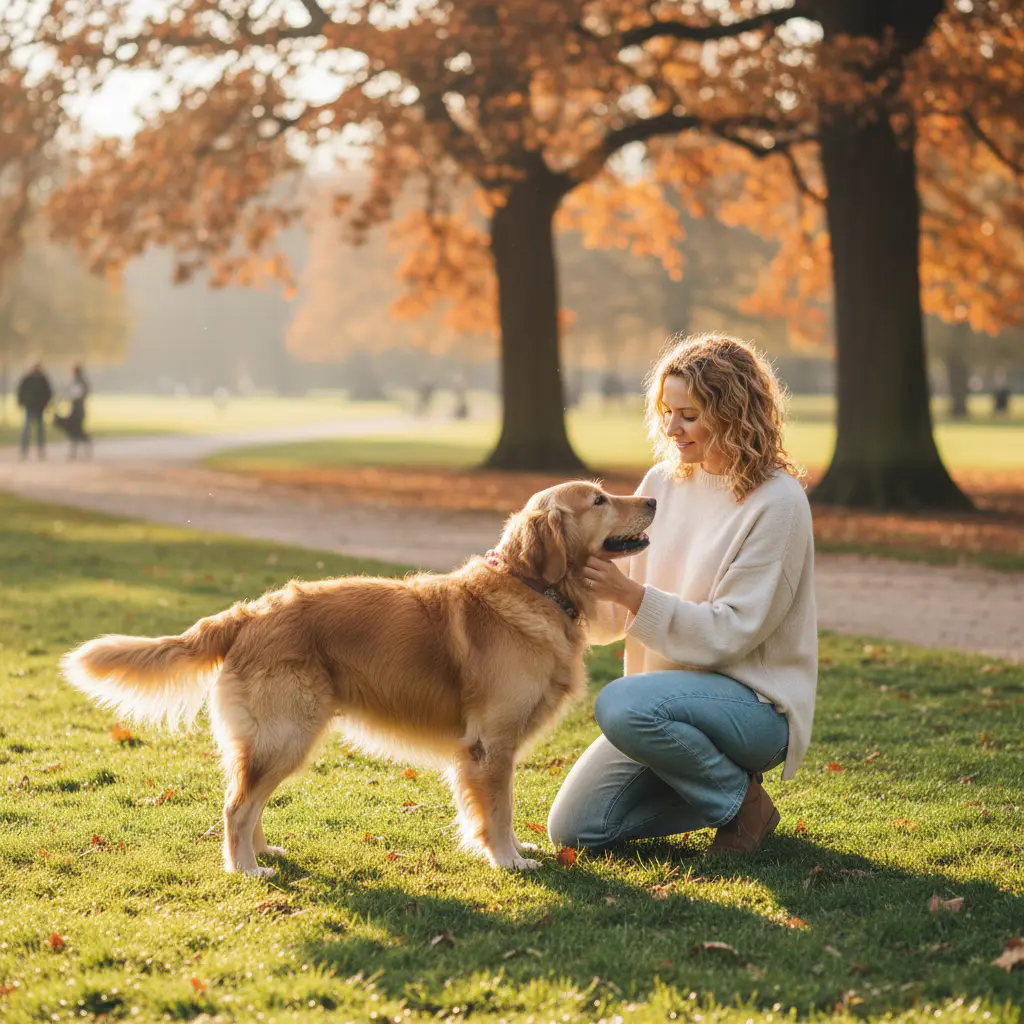 Laura acariciando a su perro en el parque