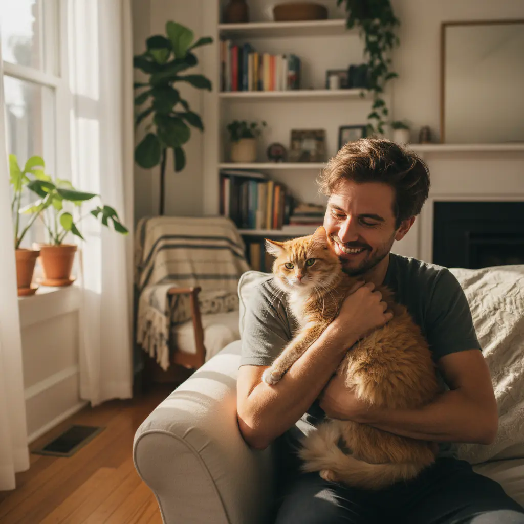 Carlos sonriendo con su gato en casa
