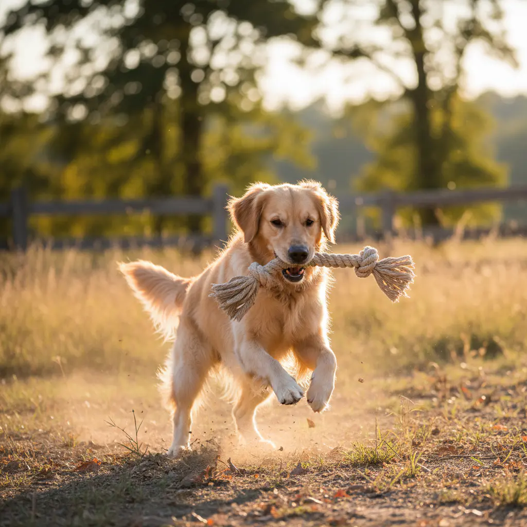 Perro jugando con juguete de cuerda natural