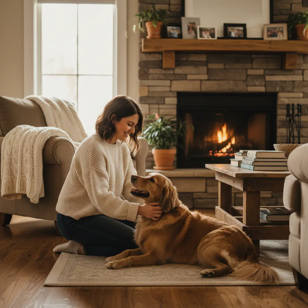 Persona acariciando a su perro en un salón acogedor